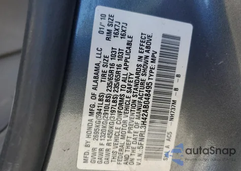 2010 Honda Odysssey из США, поврежденный, VIN 5FNRL3H42AB048495